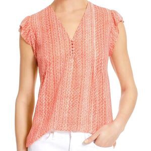 JOIE Macy B Silk Button Front V Neck Blouse Short Flutter Sleeve Top Coral XS